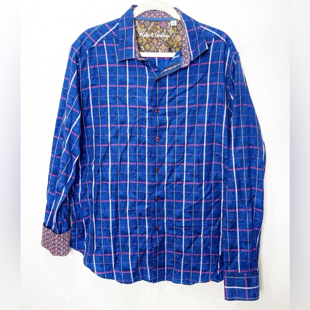 Robert Graham Classic Fit Blue Purple Plaid Luxury Shirt Reversable Cuff Paisley